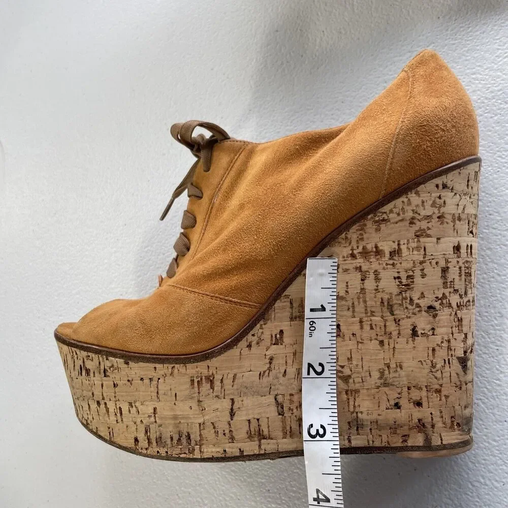 Gianvito Rossi Suede Cork Open Toe Lace Up Platform Shoes Orange/Beige Womens 37